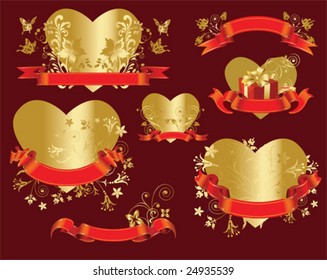 Hearts with filigree floral ornament and ribbon. Vector images scale to any size.