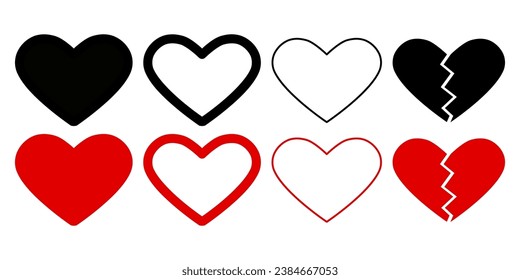 Hearts with filling, thick outline, thin outline and split in half, in black and red