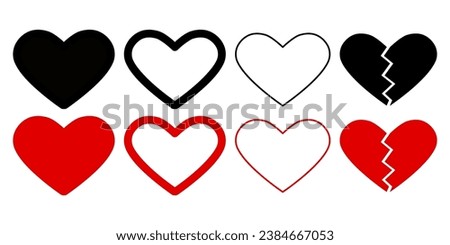 Hearts with filling, thick outline, thin outline and split in half, in black and red