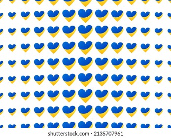 Hearts with the flag of Ukraine in yellow and blue. Seamless pattern with hearts in support of Ukraine. Pop art design for banners, posters and printing of promotional products. Vector illustration
