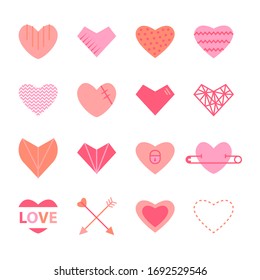Hearts flat icon set in pink colors  isolated on a white  background.Symbol 
of relationships, feelings, love, sign emotion.Valentine day sign 