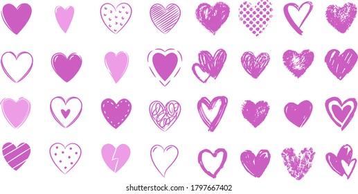 Hearts flat icon set in purple and pink colors isolated on a white background. Brush paint art design element for greeting card, invitation, decoration, scrapbook, valentines day. Vector illustration.