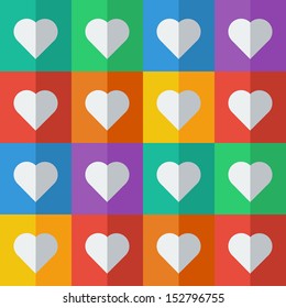 Hearts in flat icon style. Abstract seamless vector background.