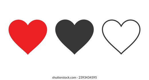 Iconos planos del corazón. Icono de corazón rojo, negro y contorno. Icono de amor. Ilustración vectorial.