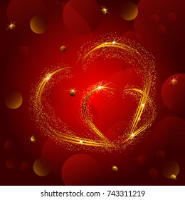 Hearts with flickering lights and stars of light. Abstract Valentines Day background