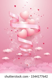 Hearts float on top isolated on pink  background, Text happy valentine's day, Love iconic, Idea for art, card, gift, decoration, wallpaper, and background,Vector,EPS10
