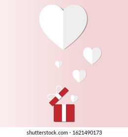 Hearts float from red gift box. Paper cut work. Happy Valentine's Day card.