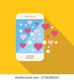 Corações flutuando a partir de uma tela de smartphone, simbolizando espalhar amor, afeto e romance através da tecnologia móvel 