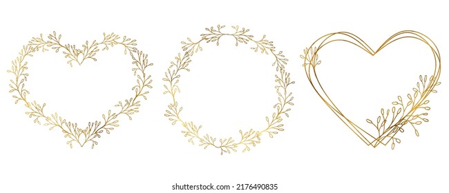 Hearts Floral Frame And Circle Golden Wreath Set. Gold Flower Wreath. Floral Vector Design Element