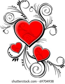 hearts with floral ornaments isolated on white background, individual objects very easy to edit in vector format