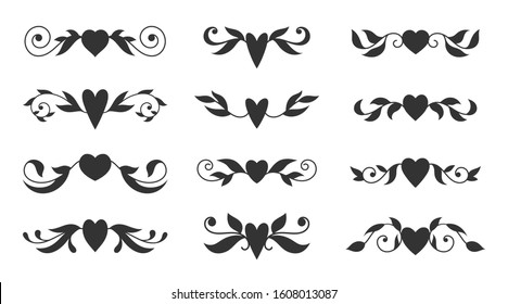 Hearts with floral wings set. Valentines day, love, wedding, romantic symbol. Tattoo design, glyph style. Text dividers, fancy decor border with tribal heart and decorative branch. Vector illustration