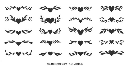 Hearts with floral wings set. Valentines day, love, wedding, romantic symbol. Tattoo design, glyph style. Text dividers, fancy decor border with tribal heart and decorative branch. Vector illustration