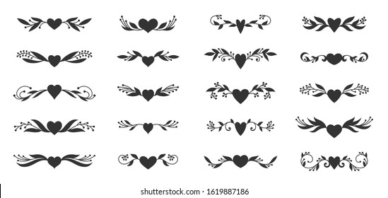 Hearts With Floral Wings Set. Valentines Day, Love, Wedding, Romantic Symbol. Tattoo Design, Glyph Style. Text Dividers, Fancy Decor Border With Tribal Heart And Decorative Branch. Vector Illustration