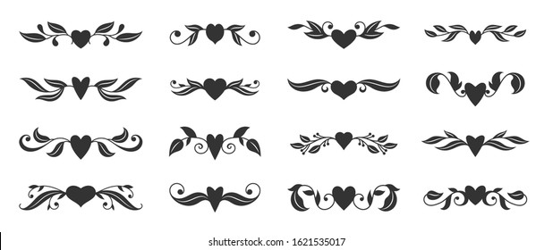 Hearts with floral wings set. Valentines day, love, wedding, romantic symbol. Tattoo design, glyph style. Text dividers, fancy decor border with tribal heart and decorative branch. Vector illustration