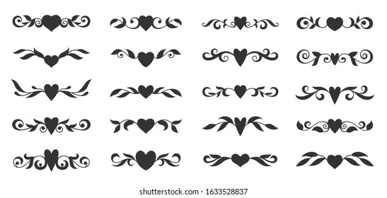 Hearts With Floral Wings Set. Valentines Day, Love, Wedding, Romantic Symbol. Tattoo Design, Glyph Style. Text Dividers, Fancy Decor Border With Tribal Heart And Decorative Branch. Vector Illustration