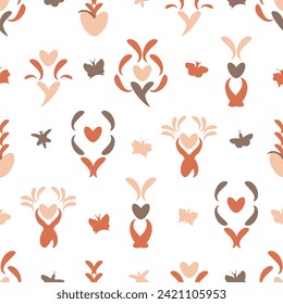 Hearts and flourishes with butterflies in pink fuzz and warm colors on a white background. Seamless pattern. Vector illustration. Arrangement of elements for wedding invitation and Valentine's Day.