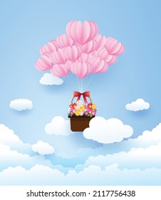 Hearts and flower, air balloon in the sky, valentine day , paper art style, vector design.