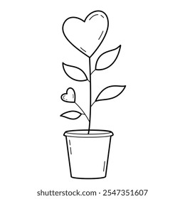 Hearts flower in ceramic pot. Valentine's day design. Outline illustration, isolated on white background, design element