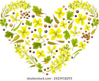 Hearts of flower rapeseed, flax, mustard  for packaging design and advertising. Isolated vector illustration  on white background.