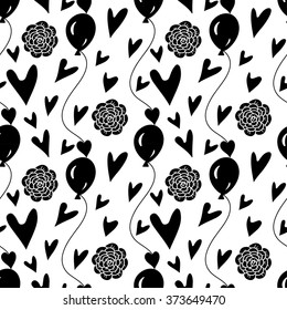 Hearts, flowers, balloons valentines day seamless pattern. Fabric design. Hand drawn ornament. Background texture, wallpaper, wrapping