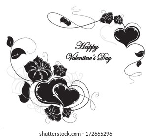 Hearts and flowers black silhouettes on white background. Valentines Day retro pattern