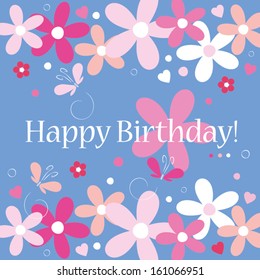 hearts flowers and butterflies happy birthday card on blue background