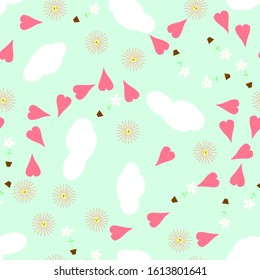 Hearts, flowers, clouds on a colored background. pattern. cartoon.