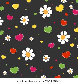 Hearts, flowers and dots pattern. Vector. 