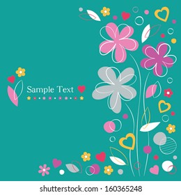 hearts and flowers greeting card on green background