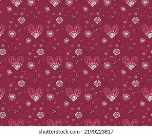 Hearts and flowers hand drawn style seamless pattern for wrapping paper, romantic background