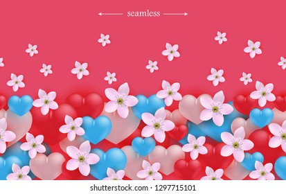 Hearts and flowers horizontal seamless border pattern in realistic style. Vector illustration of love and Valentines Day congratulation ornament frame with red, pink and blue elements.