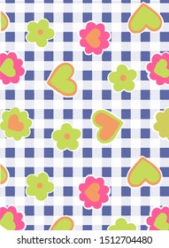 hearts and flowers on a check in seamless pattern