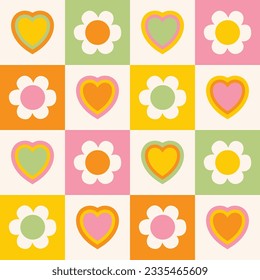 Hearts and flowers on checked background seamless vector pattern. Nostalgic backdrop design with a modern twist. Happy and nice vibe.