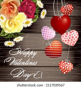 Hearts and flowers on a wooden background.Colored vector illustration with a bouquet of flowers and hearts with Valentine's Day decor.