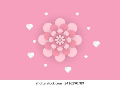 Hearts and flowers in paper cuts for Women's Day on 8th of march banner. Pink International women's day concept for banners, webs, backdrops, arts, postcard