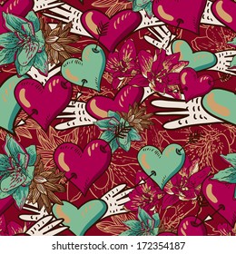 Hearts and Flowers Seamless Background