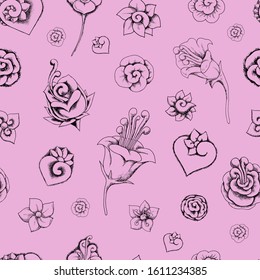 Hearts and flowers seamless pattern. Hand drawing. The pattern is suitable for Valentine's day, wedding, love cards. Stock vector illustration.