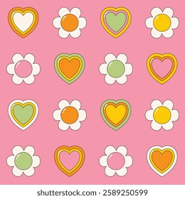 Hearts and flowers seamless vector pattern. Nostalgic backdrop design with a modern twist. Happy and nice vibe.