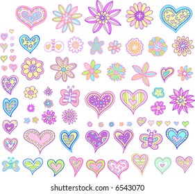 Hearts and Flowers Set Vector Illustration