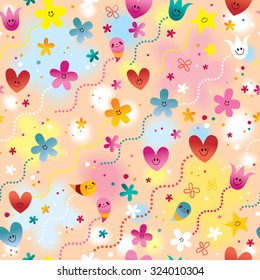 hearts, flowers and stars seamless pattern