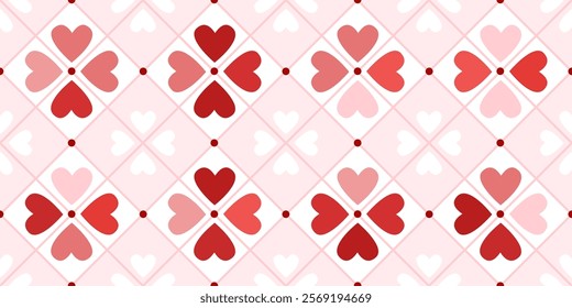 Hearts flowers tile pattern. Pink and red heart shape petals seamless vector print. Spring girly background. 