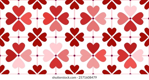 Hearts flowers tile pattern. Pink and red heart shape petals seamless vector print. Spring girly background. 