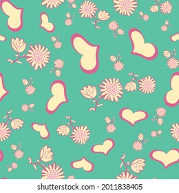 hearts and flowers toss seamless vector pattern