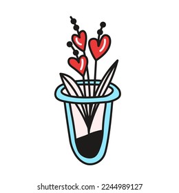 Hearts flowers in vase. Simple hand drawn love bouquet. Doodle cartoon style hand drawn art for Valentine day, print, greeting card