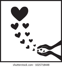 Hearts fly out of hands of man upwards.Vector illustration