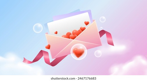 Hearts fly out with letters in the romantic sky