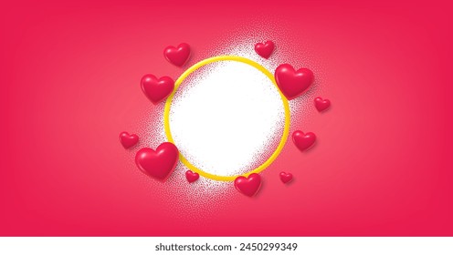 Corazones volando en el marco del aerosol del ruido del grano. Corazón 3d iconos de amor para las mujeres, la madre, tarjeta de felicitación del día de San Valentín. Feliz Navidad marco de amor con corazones y puntos de grano. Ilustración vectorial