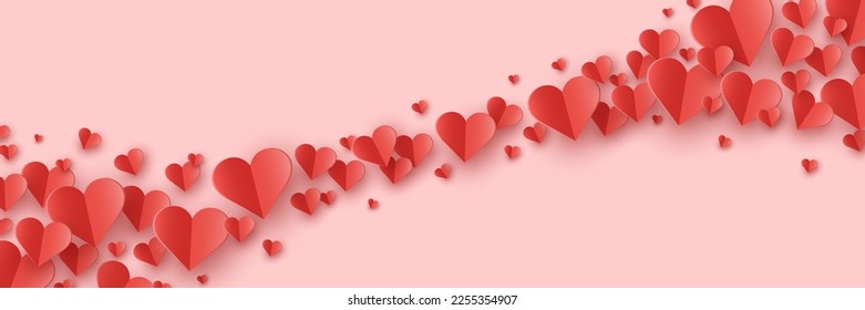 Valentine’s hearts flying on pink background. Paper cut decorations. Symbols of love. Banner. Vector illustration