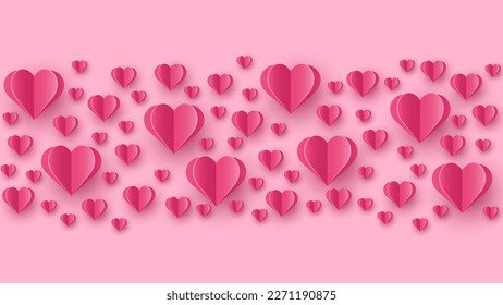 Valentine’s hearts flying on pink background. Paper cut decorations. Symbols of love. Vector illustration