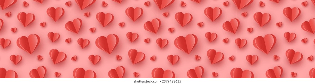 Valentine’s hearts flying on pink background. Seamless pattern with paper cut decorations. Symbols of love. Banner. Vector illustration